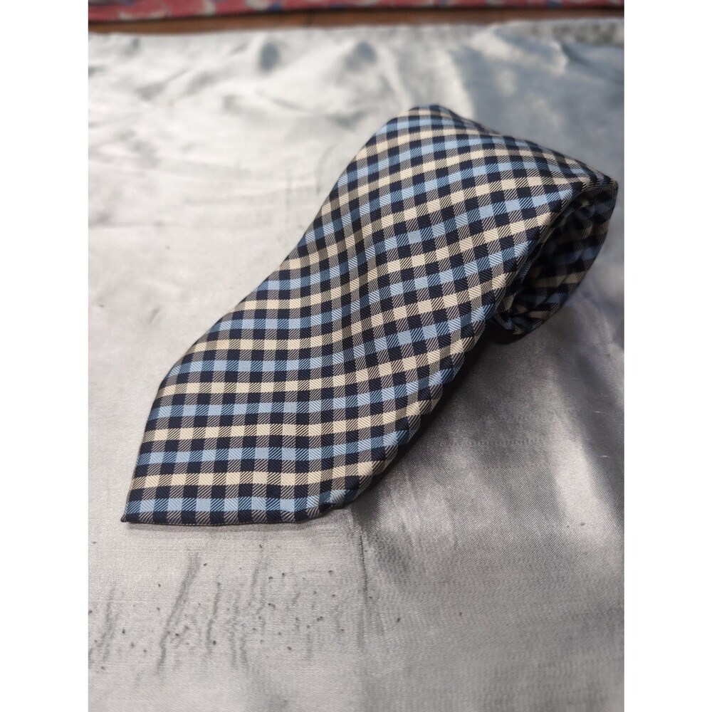 Lands' End 100% Silk Gingham Plaid Necktie - Navy, Light Blue & Cream